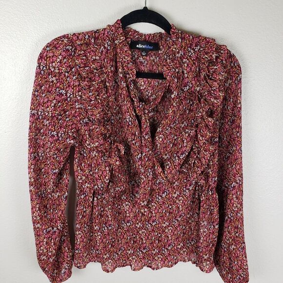 Women's Alice Blue Ruffle Floral Pop Over Front Tie Business casual Red Shirt - Picture 1 of 13